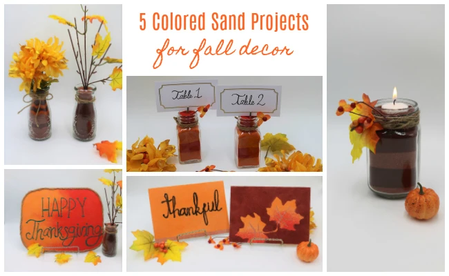 Use colored sand to create beautiful fall decor projects! It's easy to use colored sand in fall shades to make pretty fall centerpieces, fall table numbers, and fall mason jars.